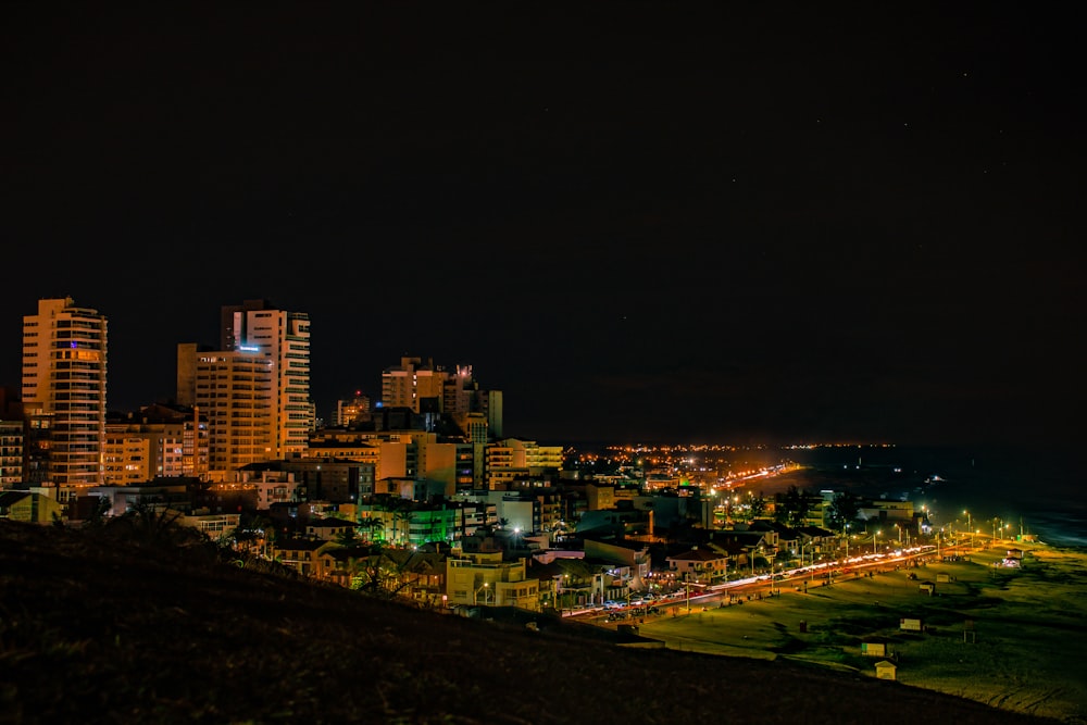 city with high rise buildings during night time