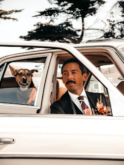 A friendly driver opening a car door for a dog and its owner in Paris.