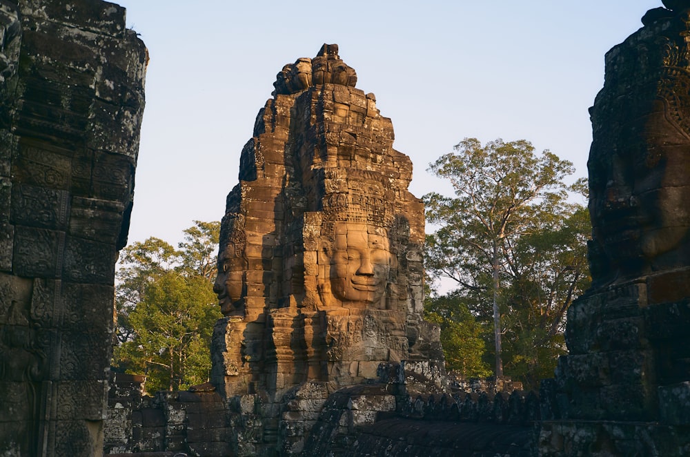 brown rock formation near green trees during daytime