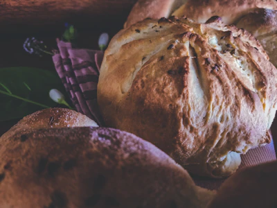 Close-up of artisanal baked goods showcasing textures and rich golden crusts under warm lighting.