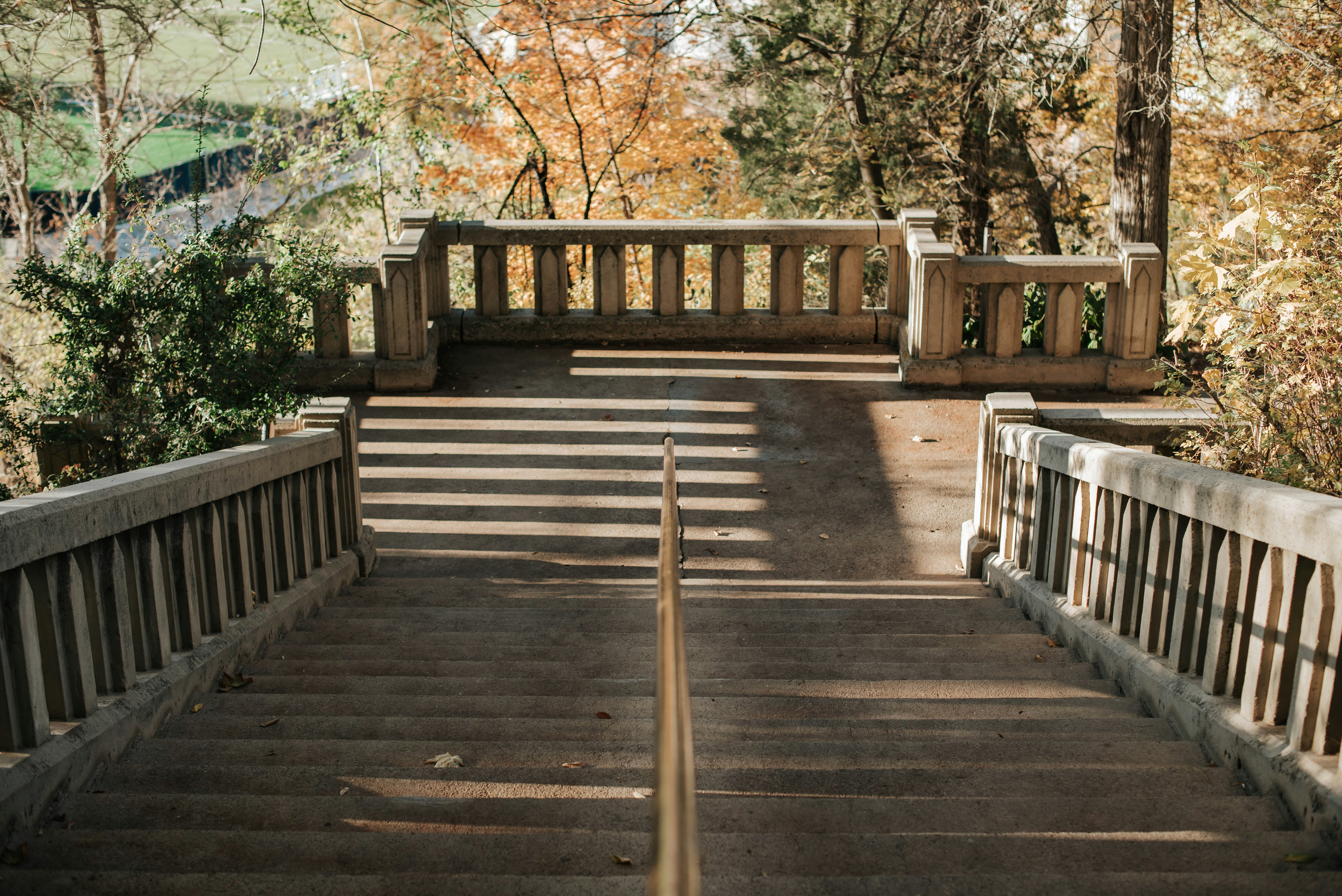 A staircase surrounded by autumn foliage on BYU campus.
