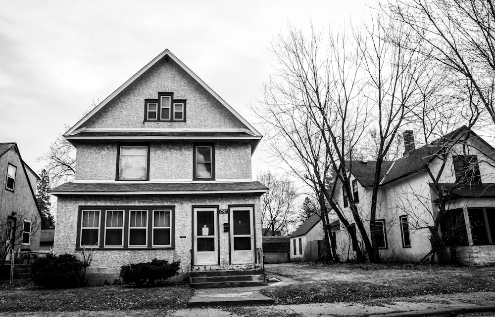 grayscale photo of bare trees near house