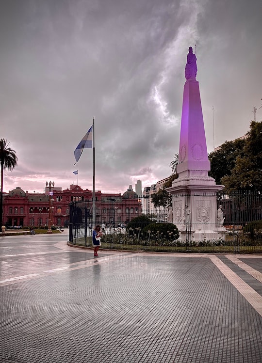 purple and white flag on pole near green trees during daytime in Plaza de Mayo Argentina
