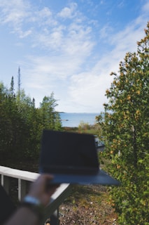 A serene workspace with a laptop overlooking a scenic landscape.