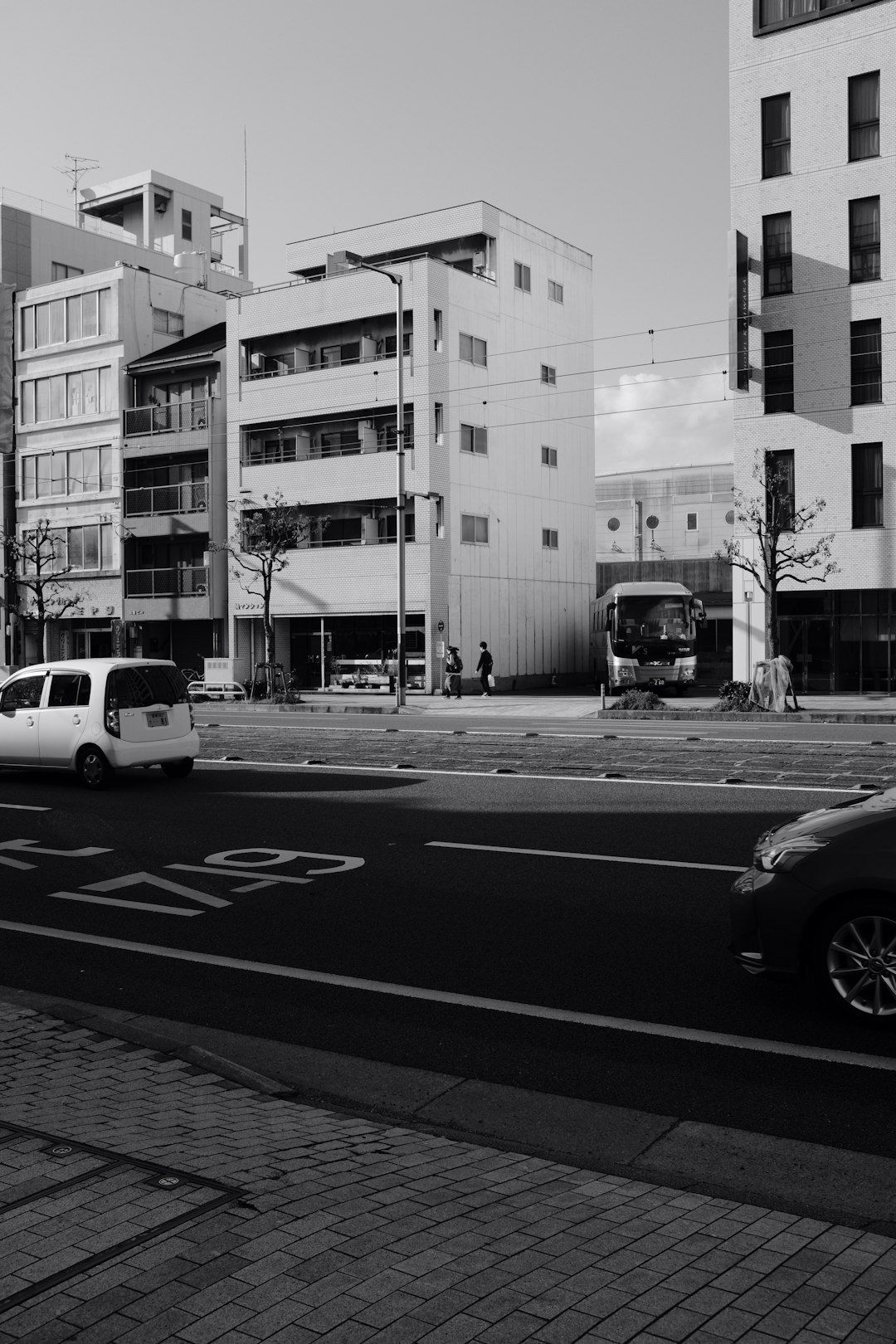 grayscale photo of cars on road