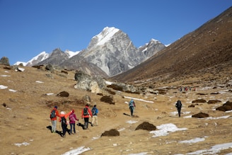 A group of hikers is walking along a rocky trail in a mountainous region. Snow-capped peaks rise majestically in the distance under a clear blue sky. The landscape is barren with patches of snow and small shrubs scattered across the rocky terrain.