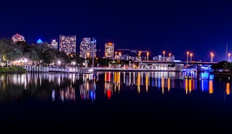 city skyline across body of water during night time