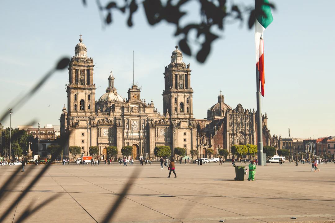 The Metropolitan Cathedral on the Zócalo with the Mexican flag flying
