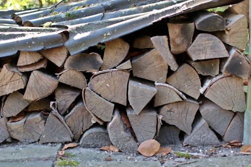 A neatly stacked pile of cut firewood is sheltered under a corrugated metal roof. The wood logs are arranged in a compact manner with visible growth rings and bark, showing different shades of brown and grey. Some dried leaves and moss can be seen around the base, adding to the rustic outdoor setting.