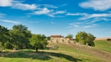 A picturesque landscape featuring a rustic stone farmhouse situated on a grassy hill. The house has a red-tiled roof and is surrounded by trees and open fields under a bright blue sky with scattered clouds.