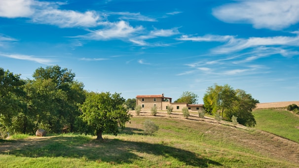 A picturesque landscape featuring a rustic stone farmhouse situated on a grassy hill. The house has a red-tiled roof and is surrounded by trees and open fields under a bright blue sky with scattered clouds.