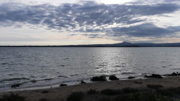 The image depicts a serene coastal scene with a calm body of water in the foreground and a distant mountain range on the horizon. The sky is partly cloudy, with sunlight peeking through, casting reflections on the water surface. Sparse vegetation lines the shore.