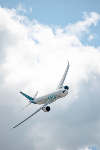 white and blue airplane under white clouds during daytime