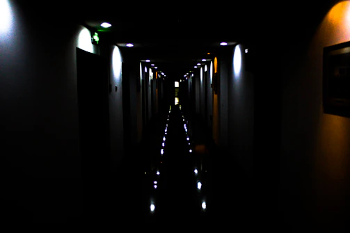 Dimly lit corridor with flickering lights and eerie shadows in a haunted house setting