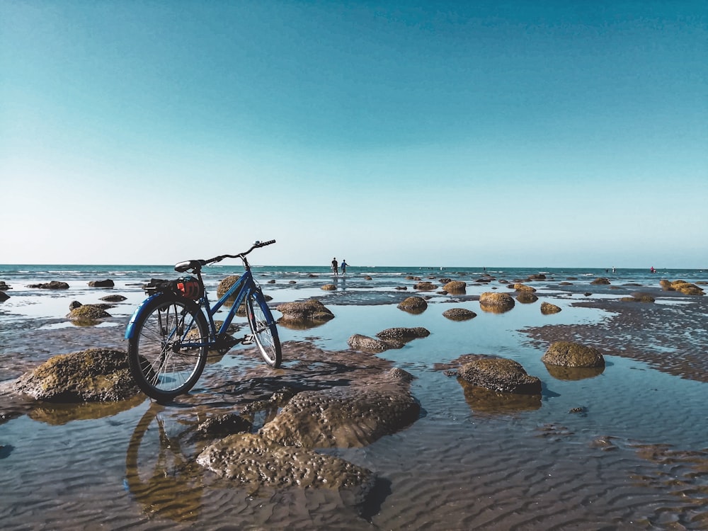日中の水域近くの茶色の砂浜の黒と青のマウンテンバイク
