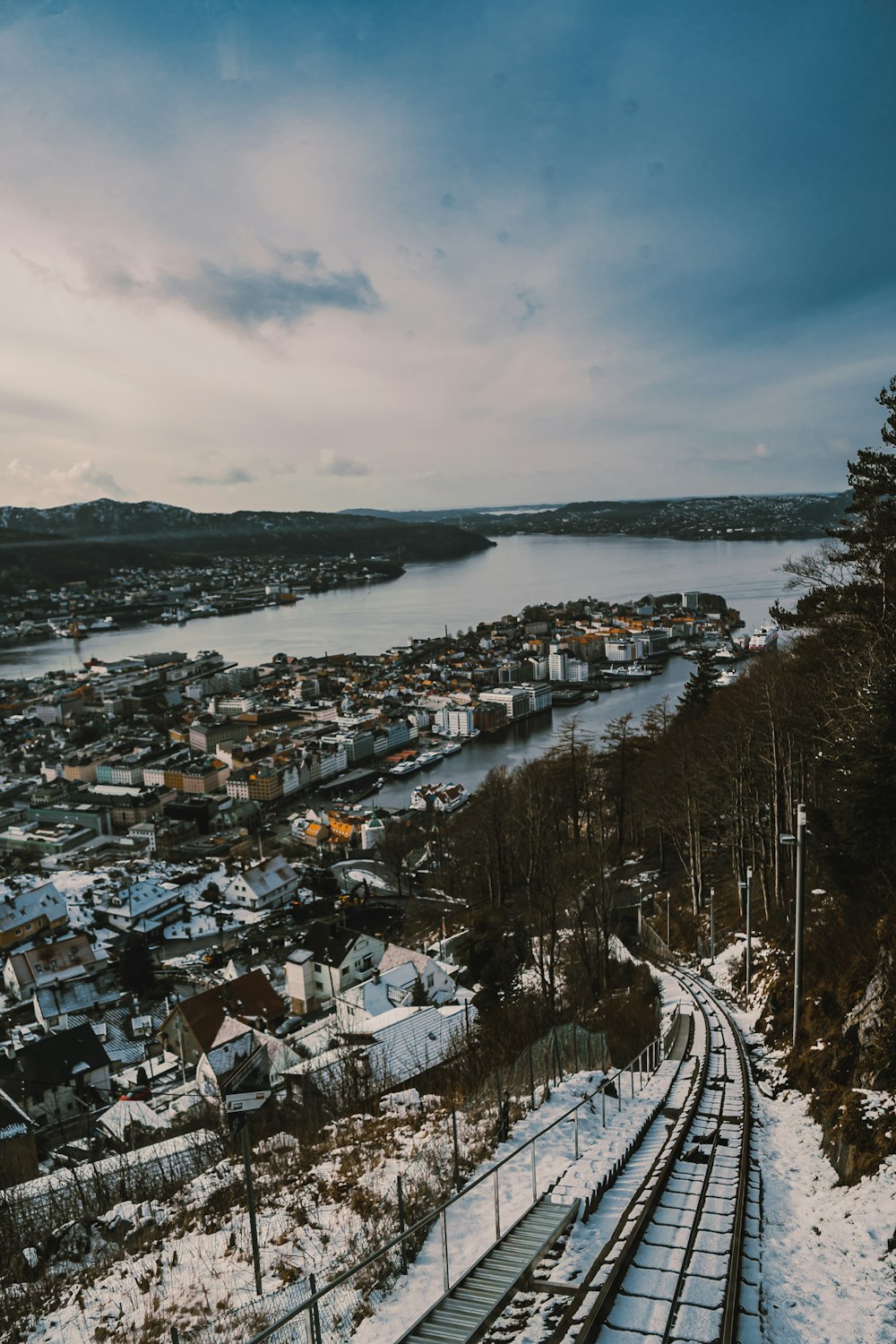 city near body of water under cloudy sky during daytime