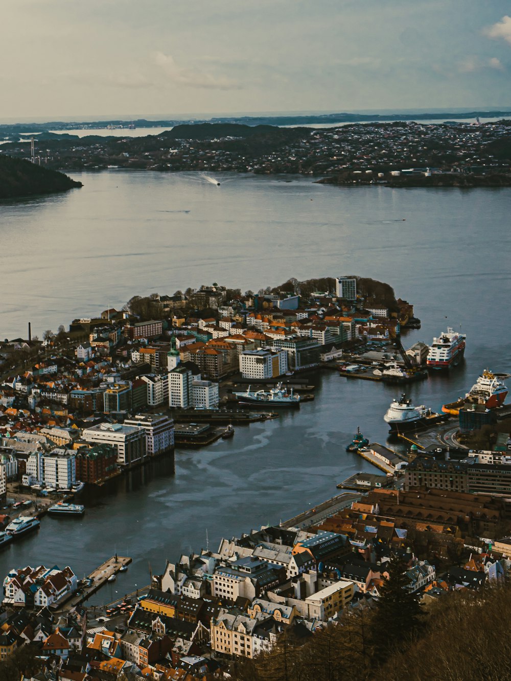 Luftaufnahme von Stadtgebäuden in der Nähe von Gewässern tagsüber