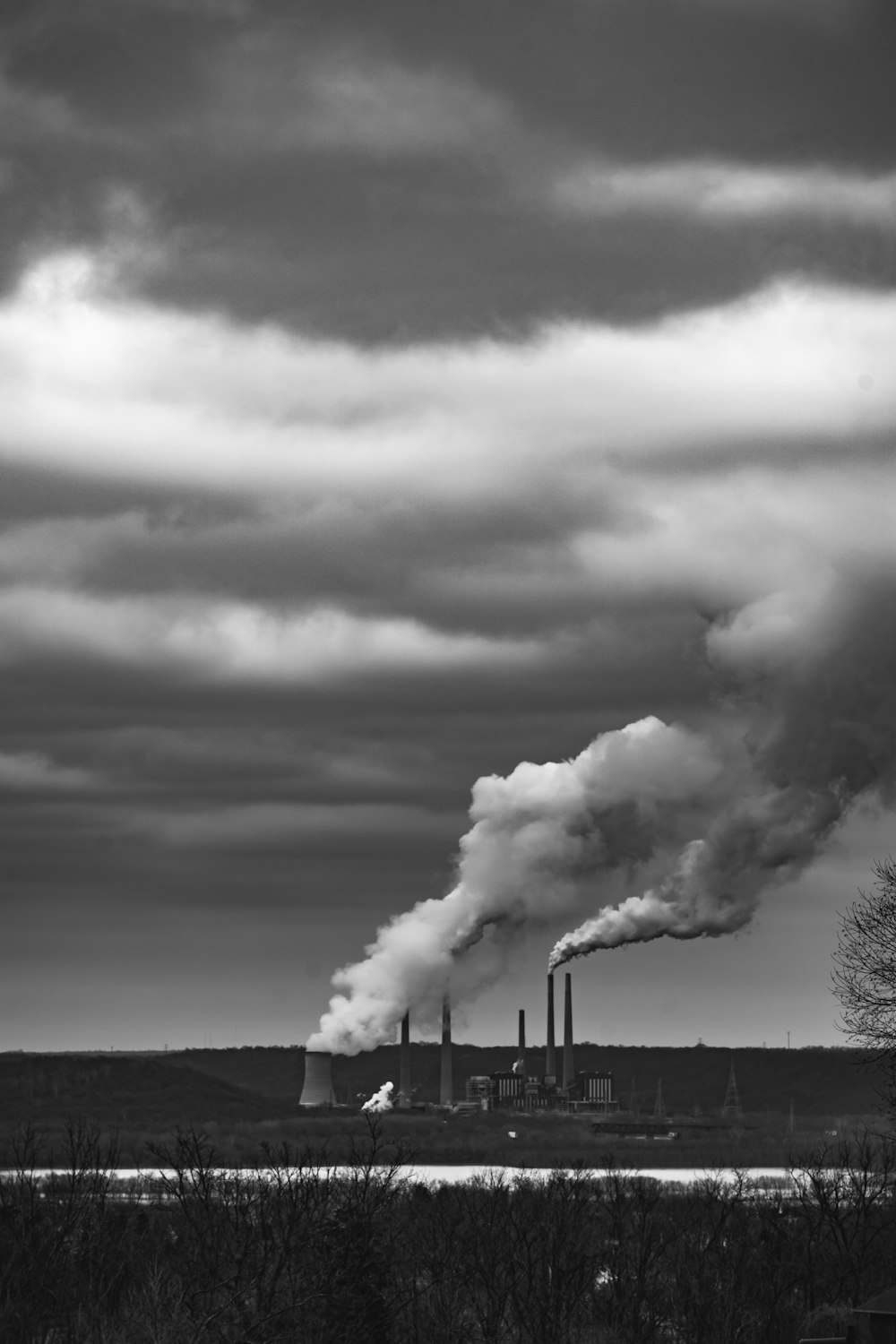 grayscale photo of clouds over trees