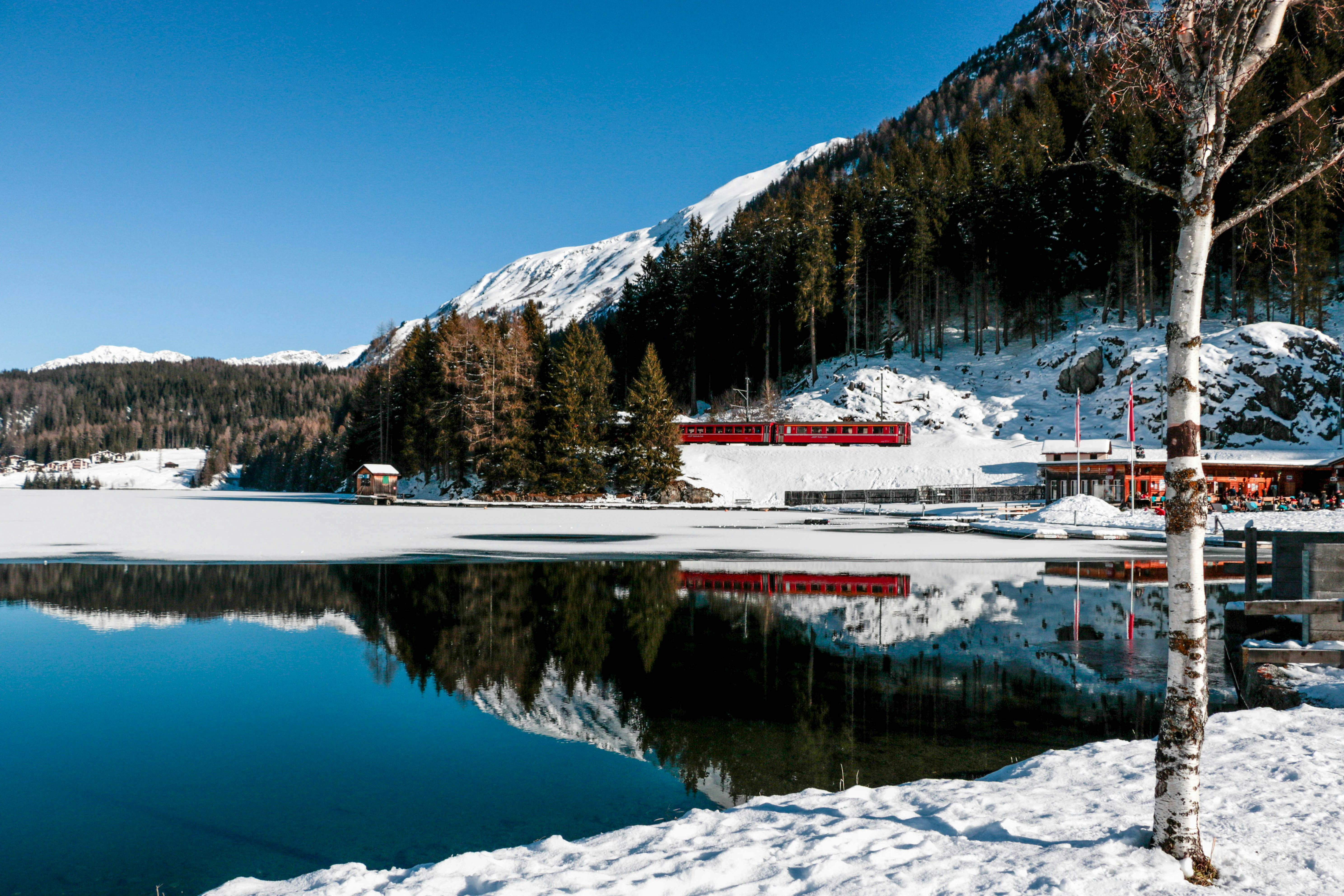 Suiça, Davos, comboio, neve, lago, Büga, montanhas