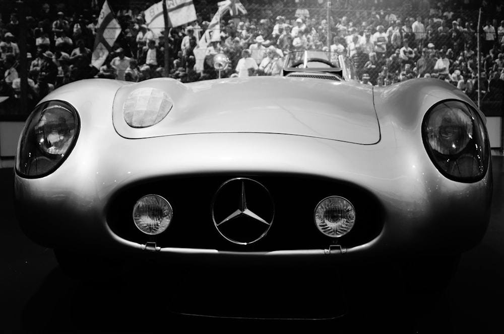 grayscale photo of mercedes benz car