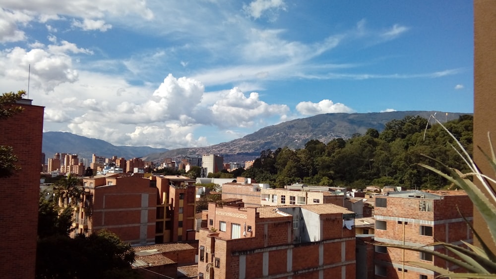 brown concrete buildings near green trees under blue sky and white clouds during daytime