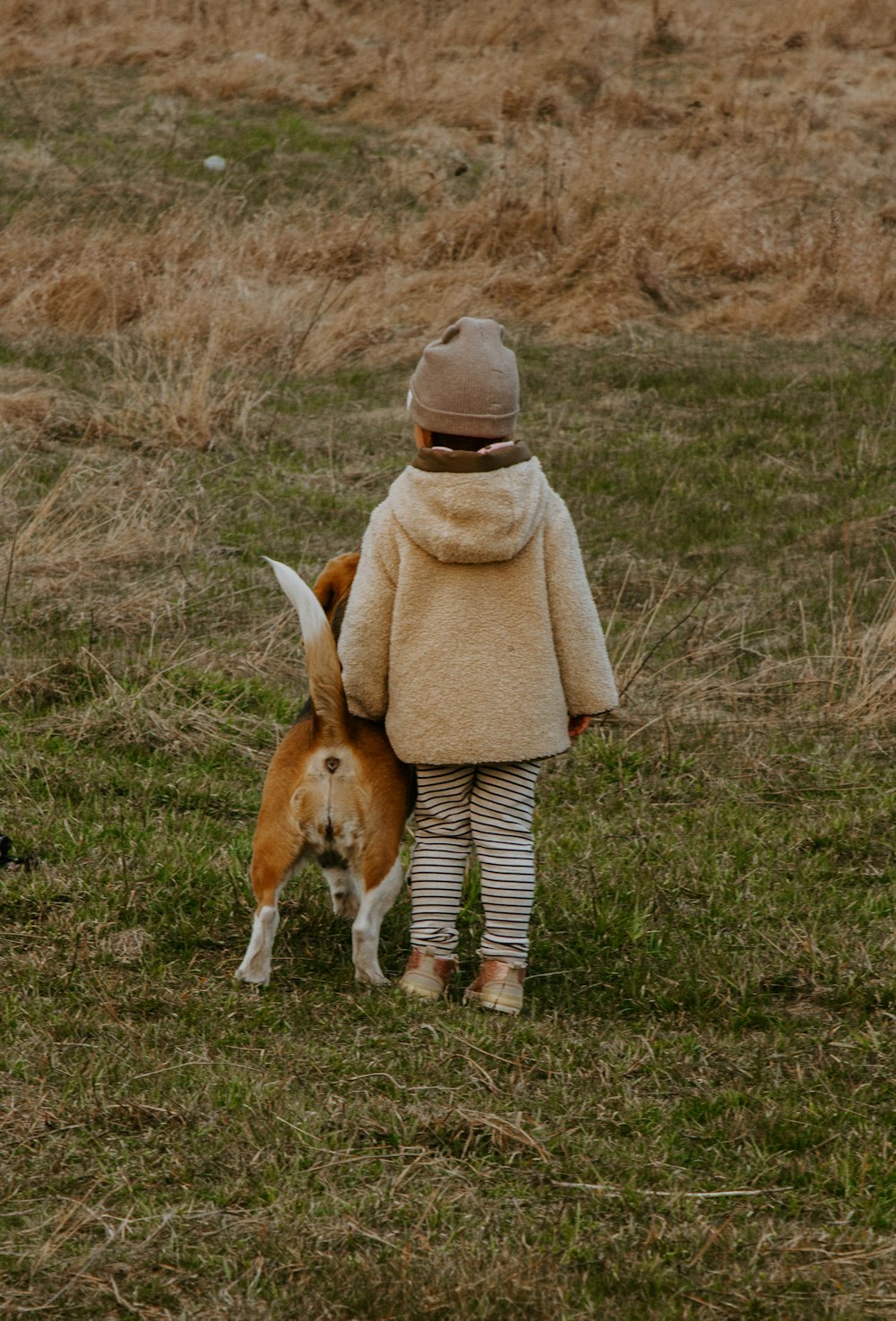 Frau in weißem Mantel und braunem Hut mit braunem und weißem kurzhaarigem Hund