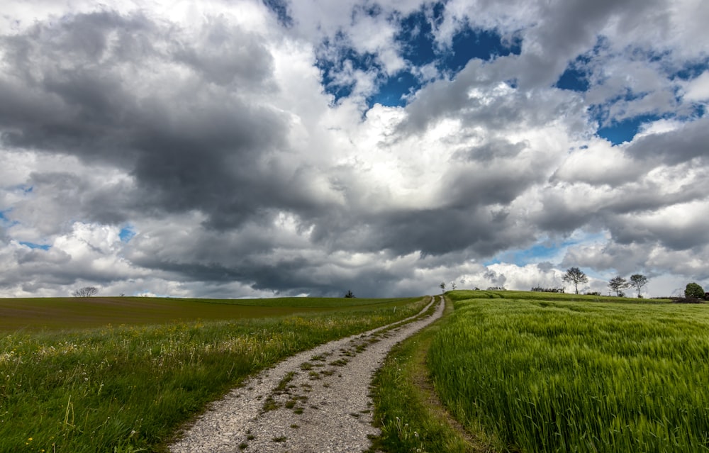 gray dirt road between green grass field under white clouds and blue sky during daytime