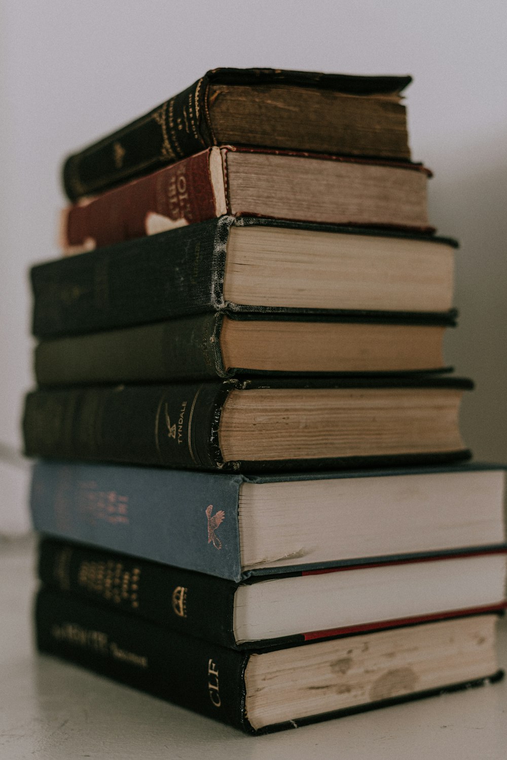 piled books on white table