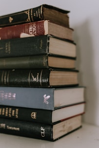 piled books on white table