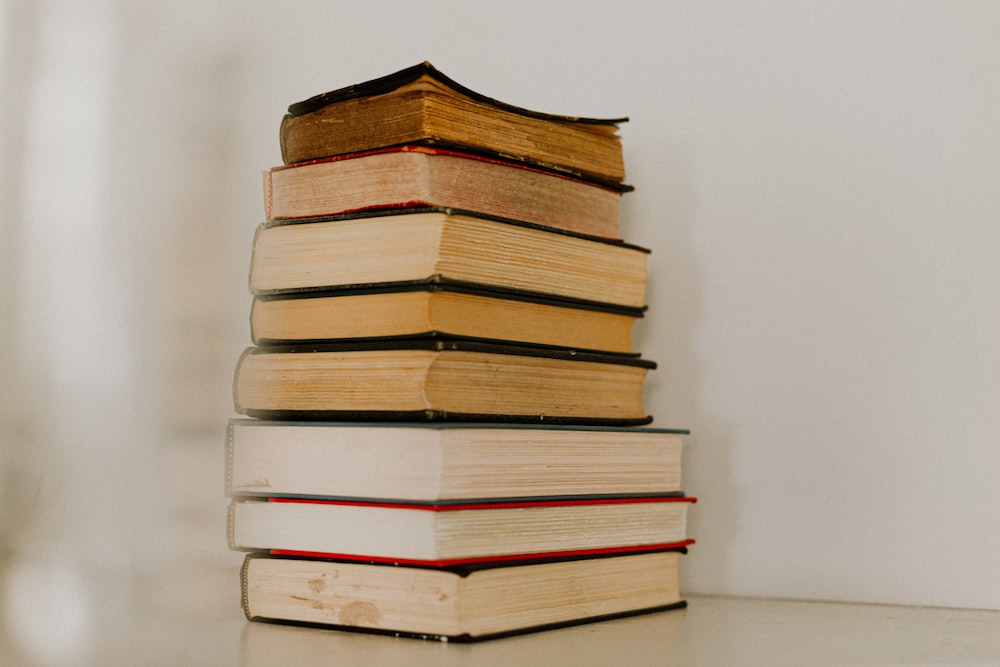 stack of books on white surface