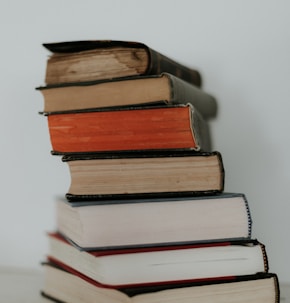 brown and red books on white surface