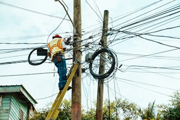 A worker is on a ladder fixing a complex network of electrical wires on a utility pole. The pole is surrounded by numerous tangled cables. The worker is wearing a hard hat and reflective vest, indicating safety precautions. Parts of a building and trees are visible in the background.