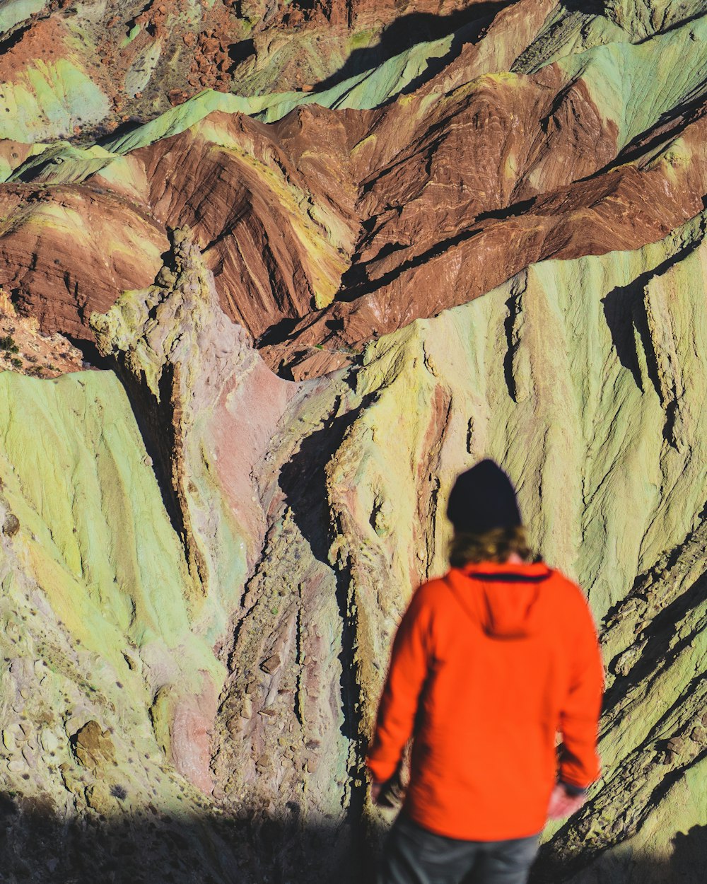 man in orange hoodie standing in front of brown and gray rock formation