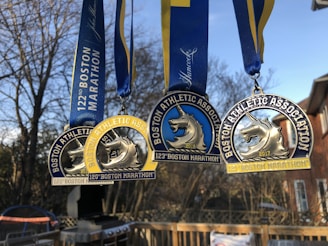 blue and gold medal with blue strap