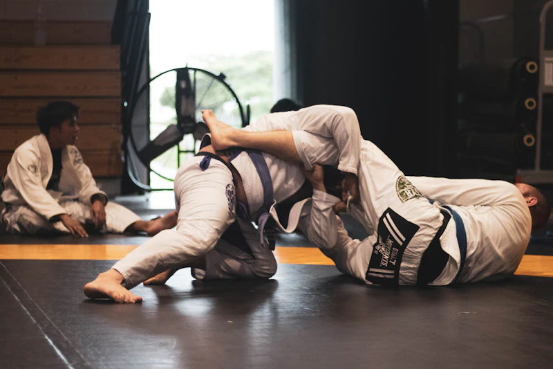 Purple belt applying submission hold with controlled precision