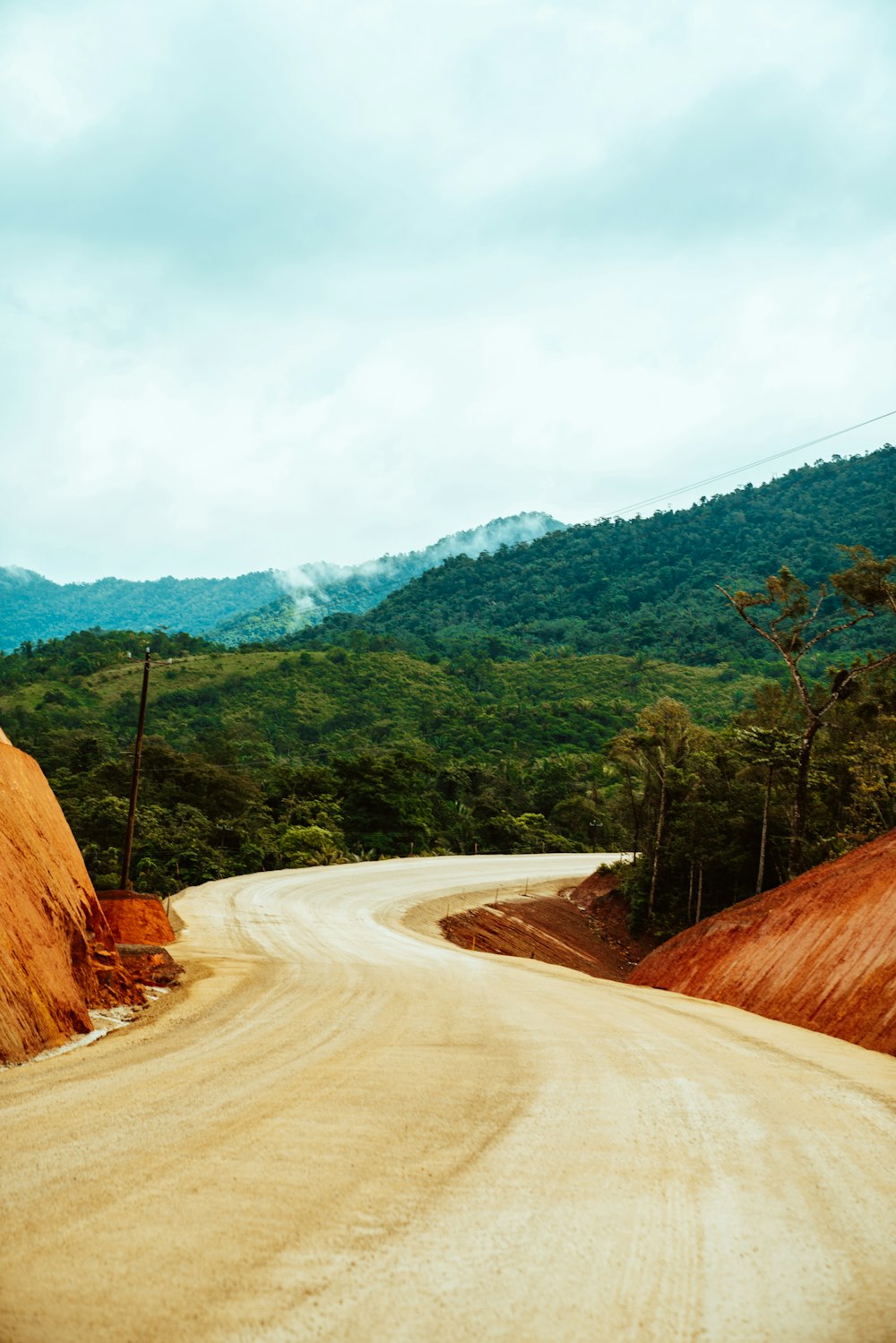 brown dirt road near green trees and mountain during daytime