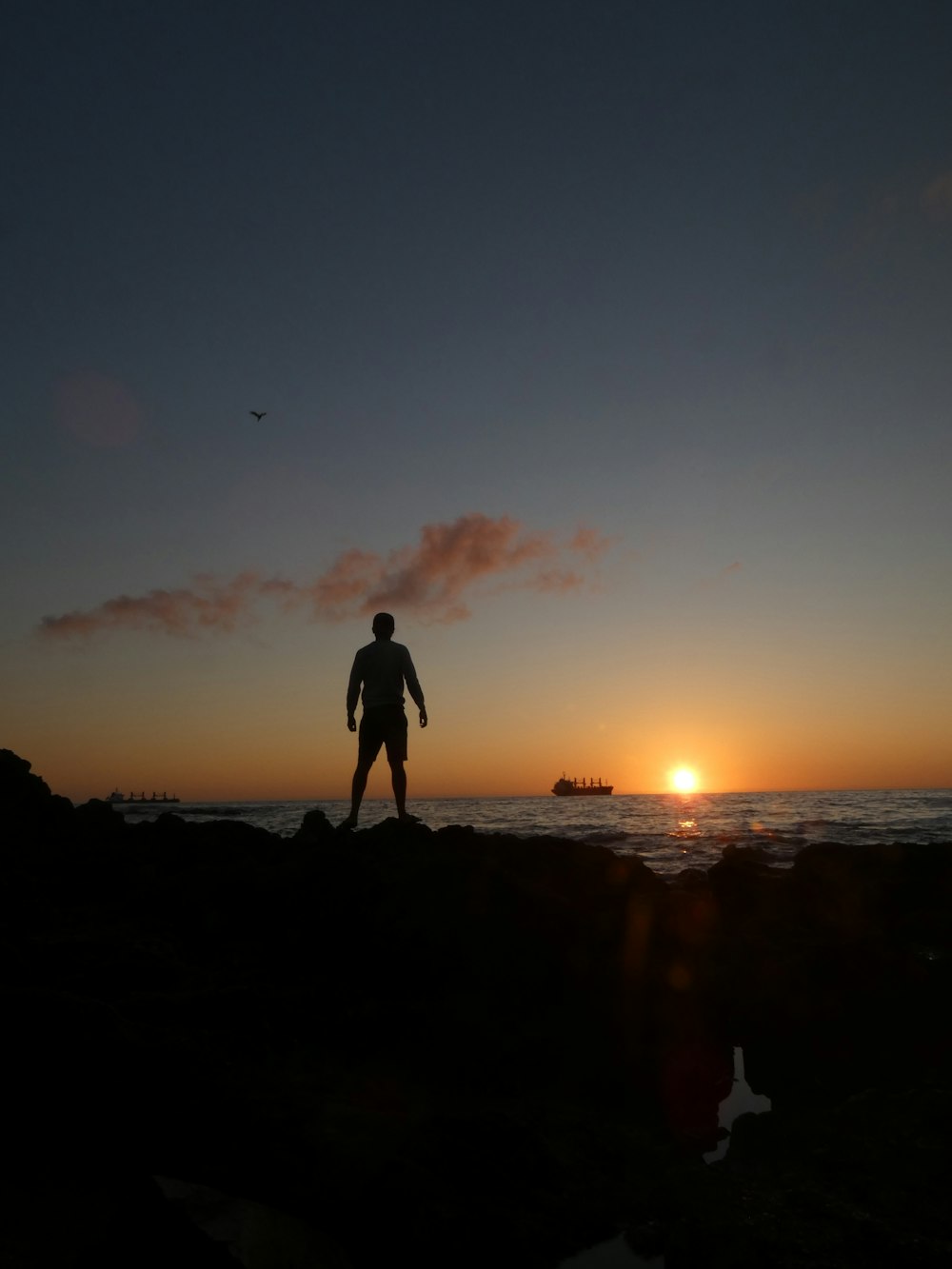 a man standing on top of a rocky beach next to the ocean