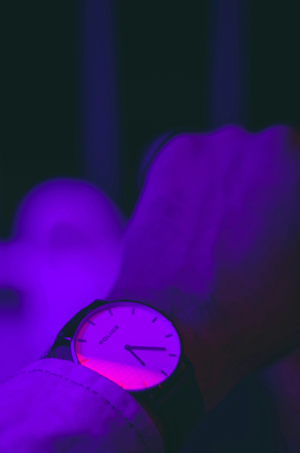 purple and white analog watch