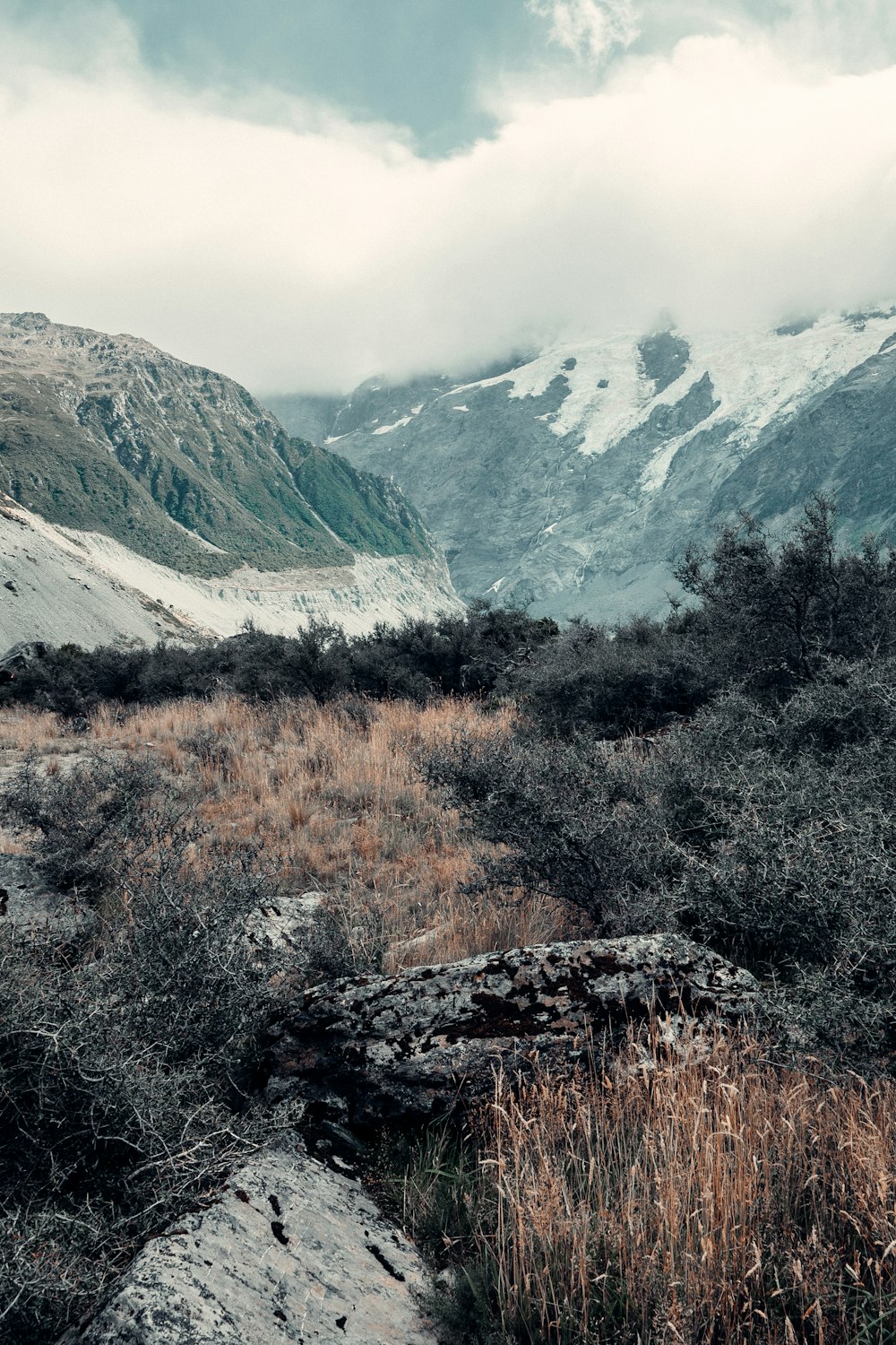 green and brown grass field near snow covered mountain during daytime