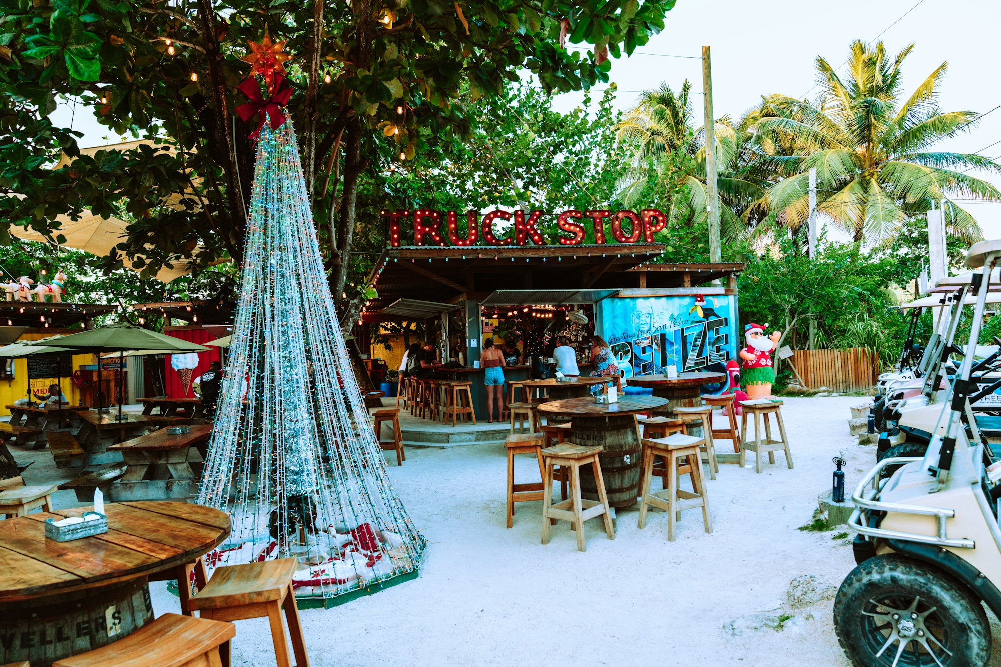 The Truck Stop shipping container food truck park decorated for Christmas.