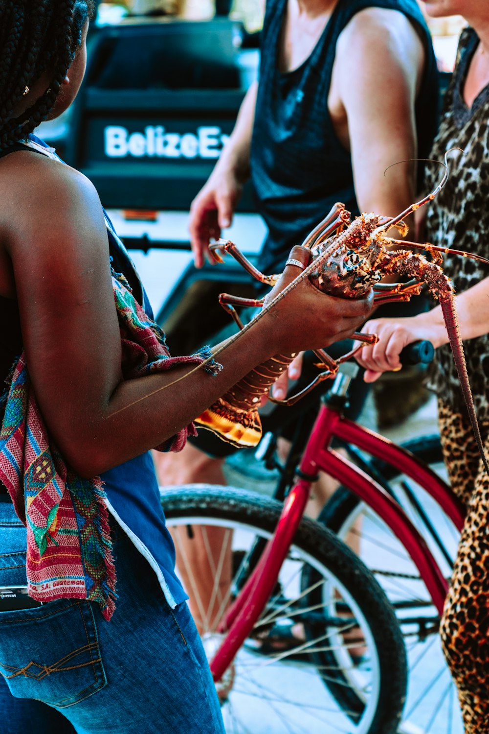 woman in blue and red sleeveless dress riding on bicycle