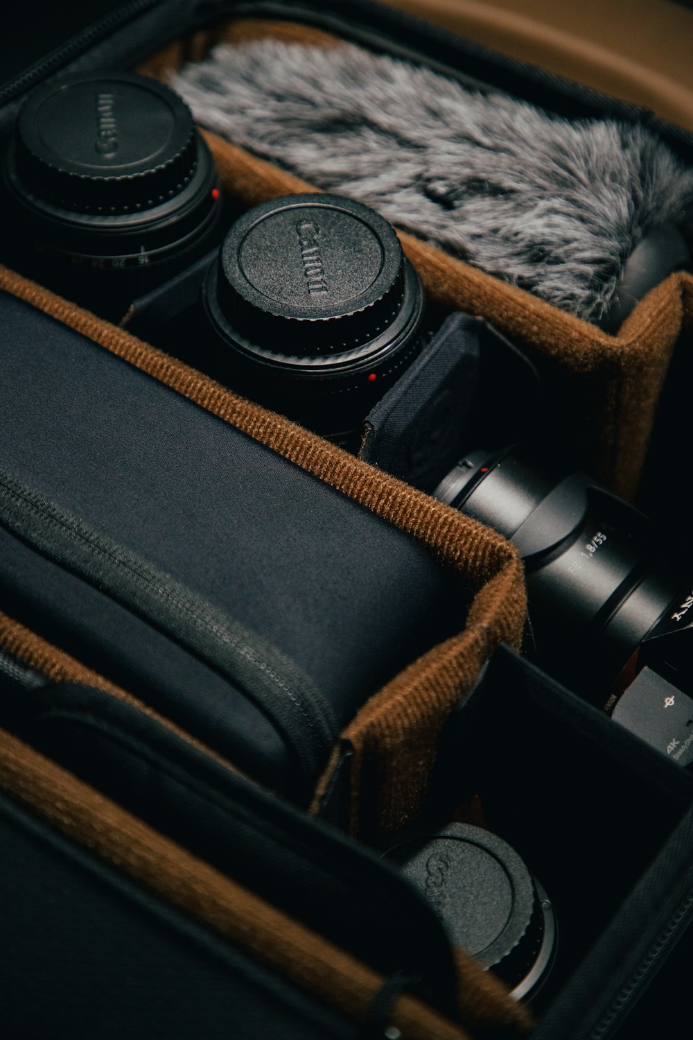 black and silver dslr camera lens on black leather bag