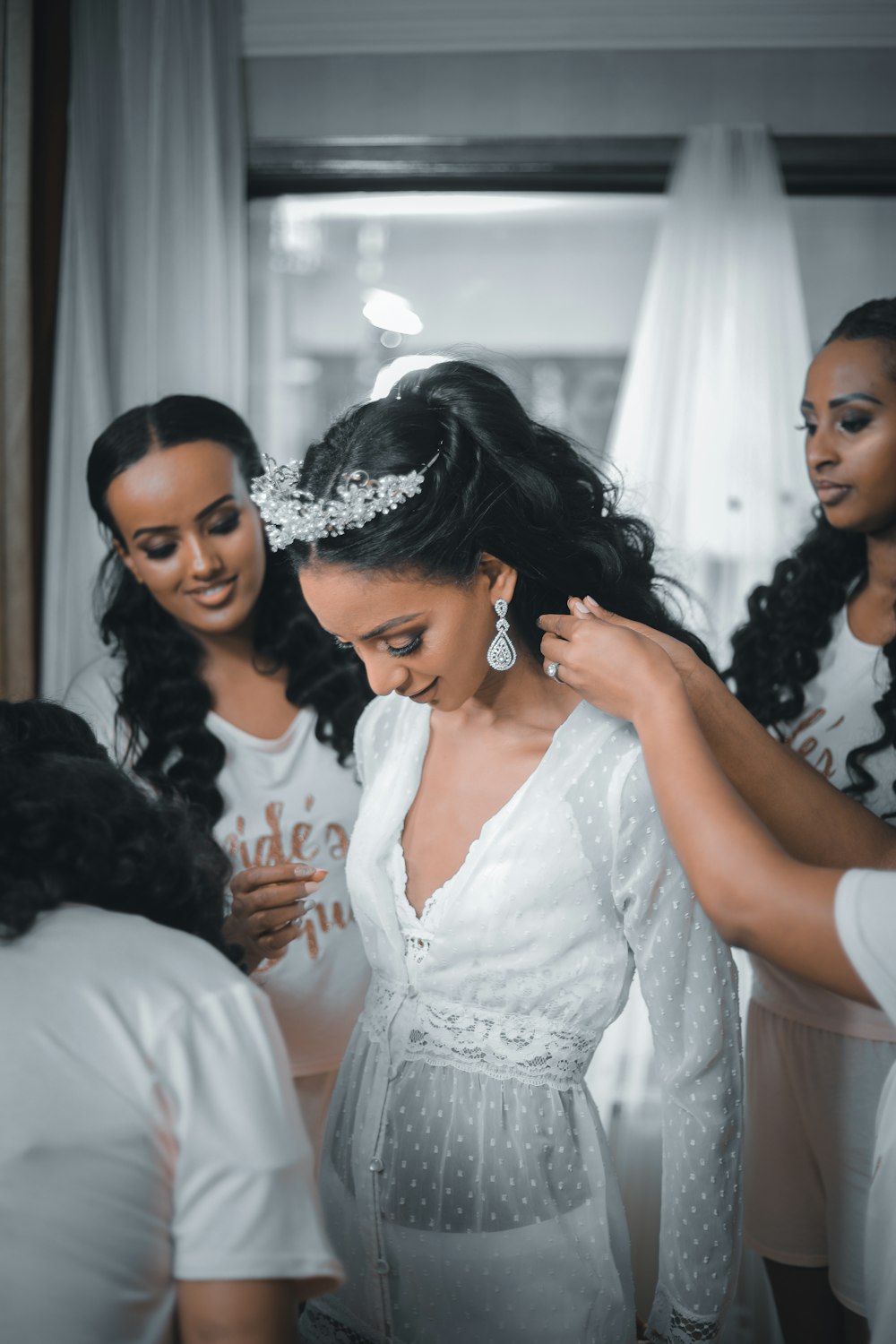 woman in white lace dress smiling