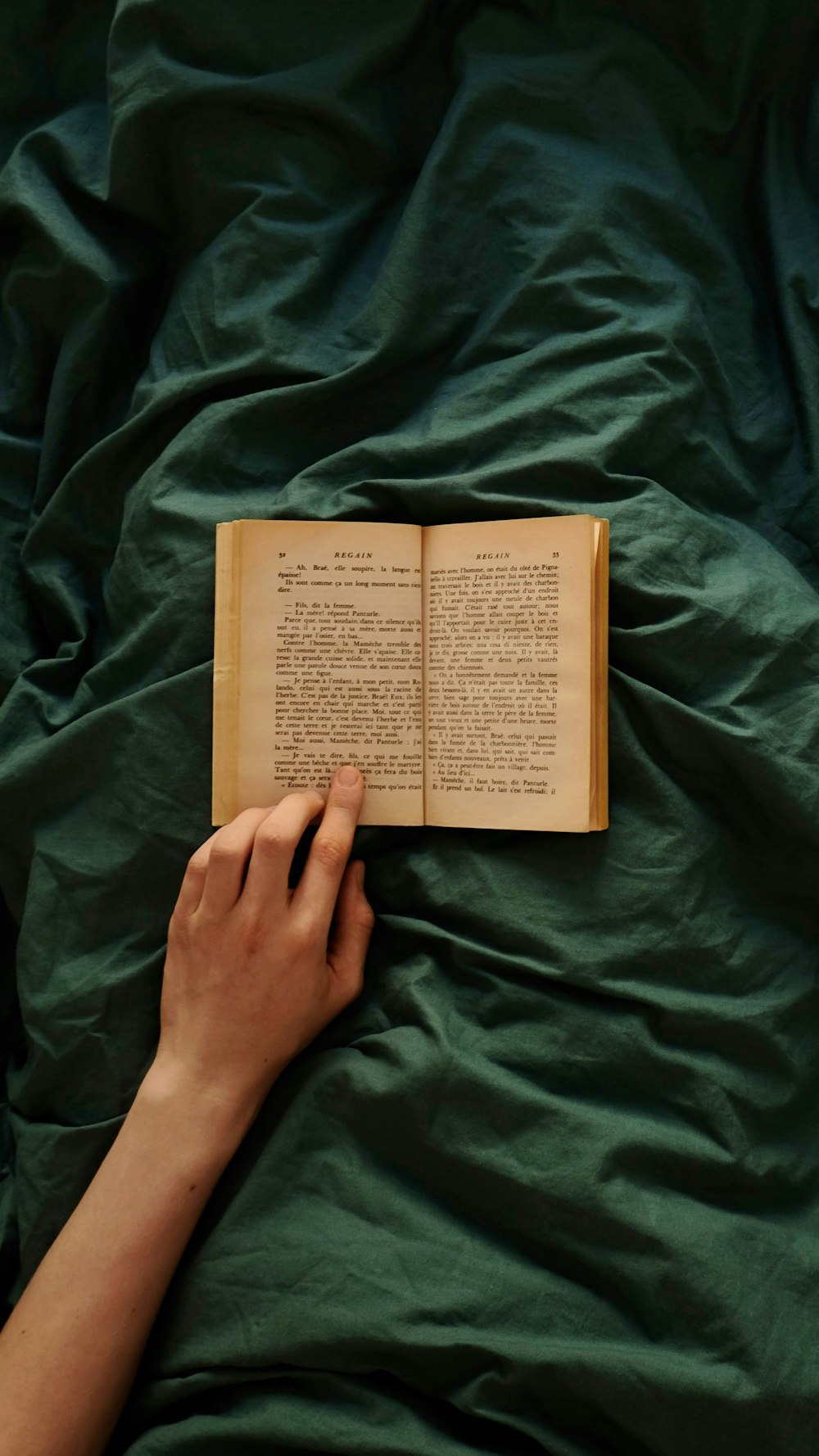 person holding brown book on green textile