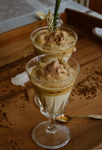 clear drinking glass with ice cream