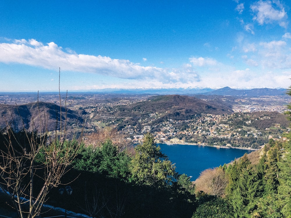 aerial view of lake and mountains during daytime