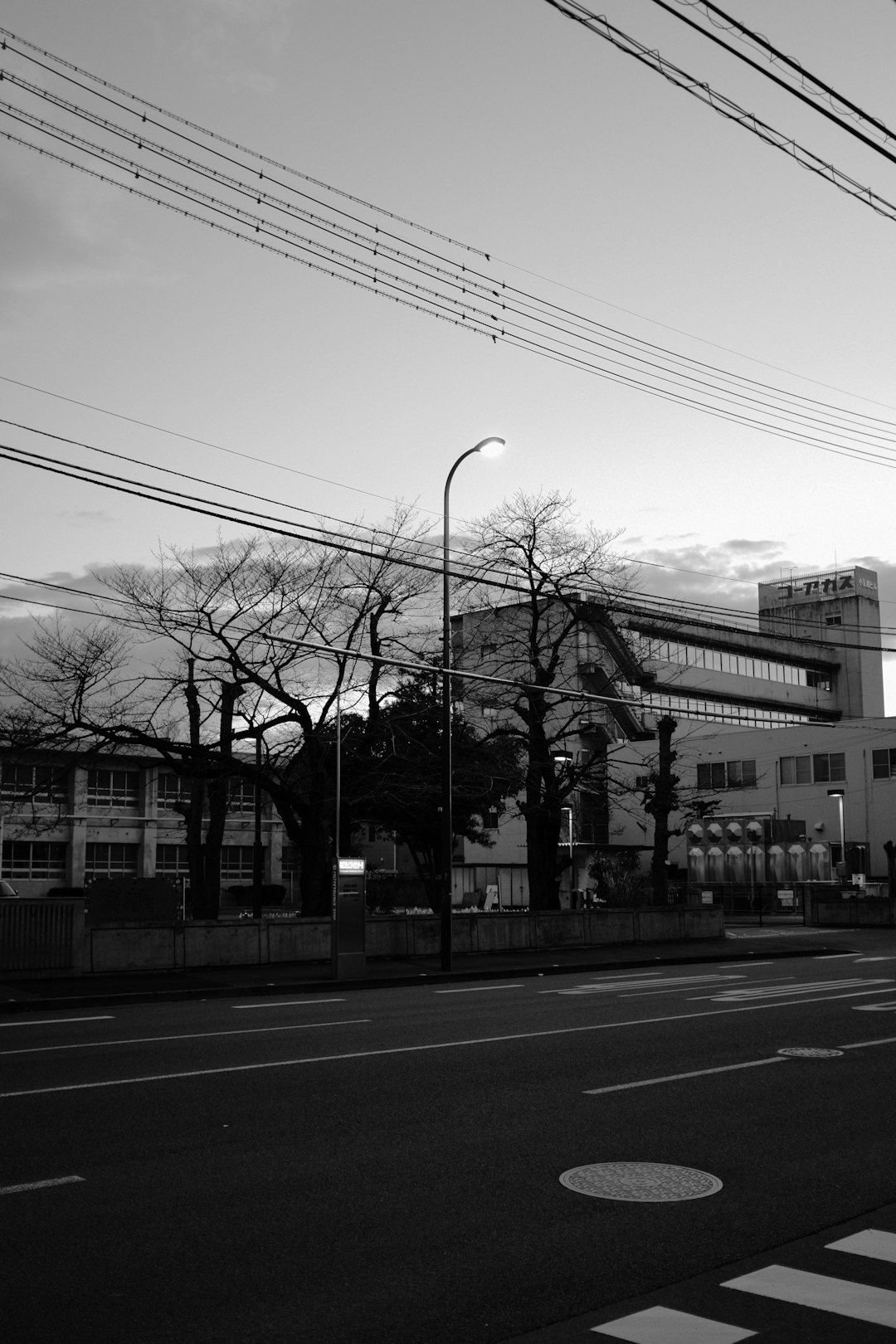 grayscale photo of street light near building