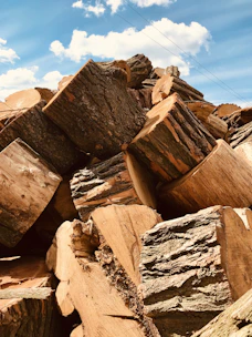 Stacks of freshly cut eucalyptus timber logs ready for delivery under a clear blue sky.