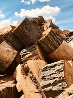 A large stack of freshly cut logs with visible bark and rough textures against a backdrop of a blue sky scattered with white clouds.