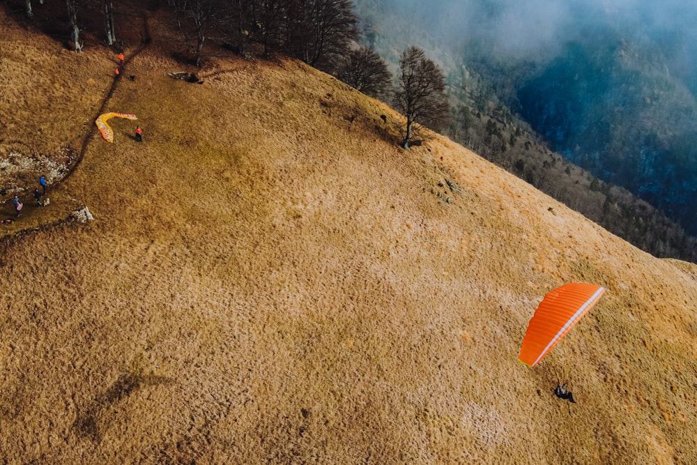 parapluie orange sur un champ brun pendant la journée